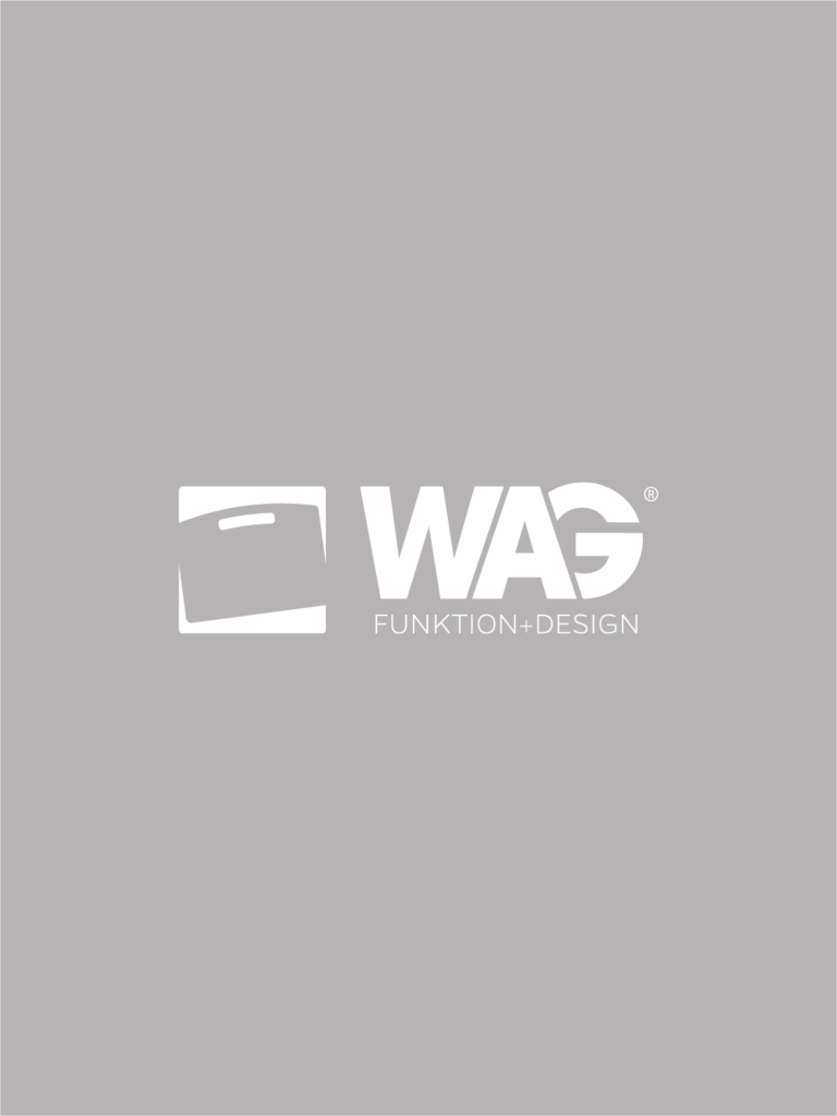 White WAG logo on gray background featuring a square graphic then the word 'WAG' and caption 'FUNKTION+DESIGN'.